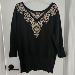 Bob Mackie Womens Sweater 2X Dolman Sleeve Wearable Art Scroll Embroidered Boho